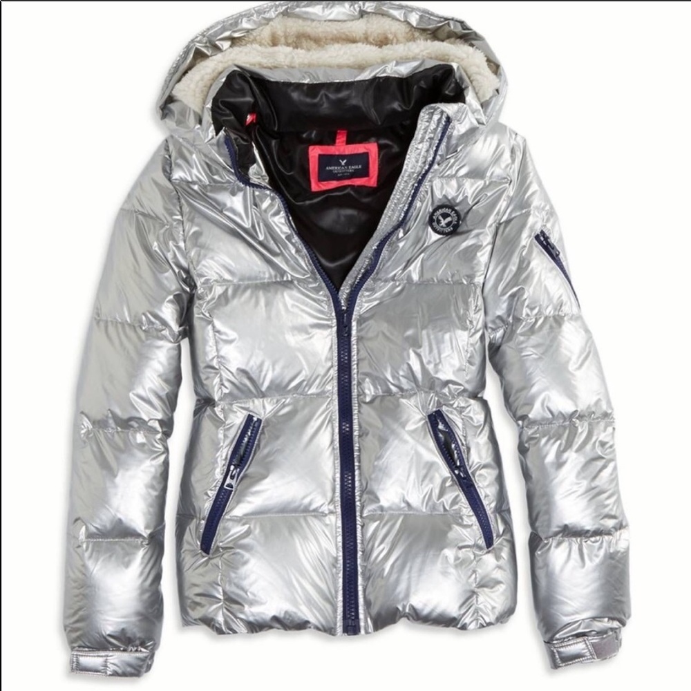 American Eagle Metallic Silver Puffer Coat